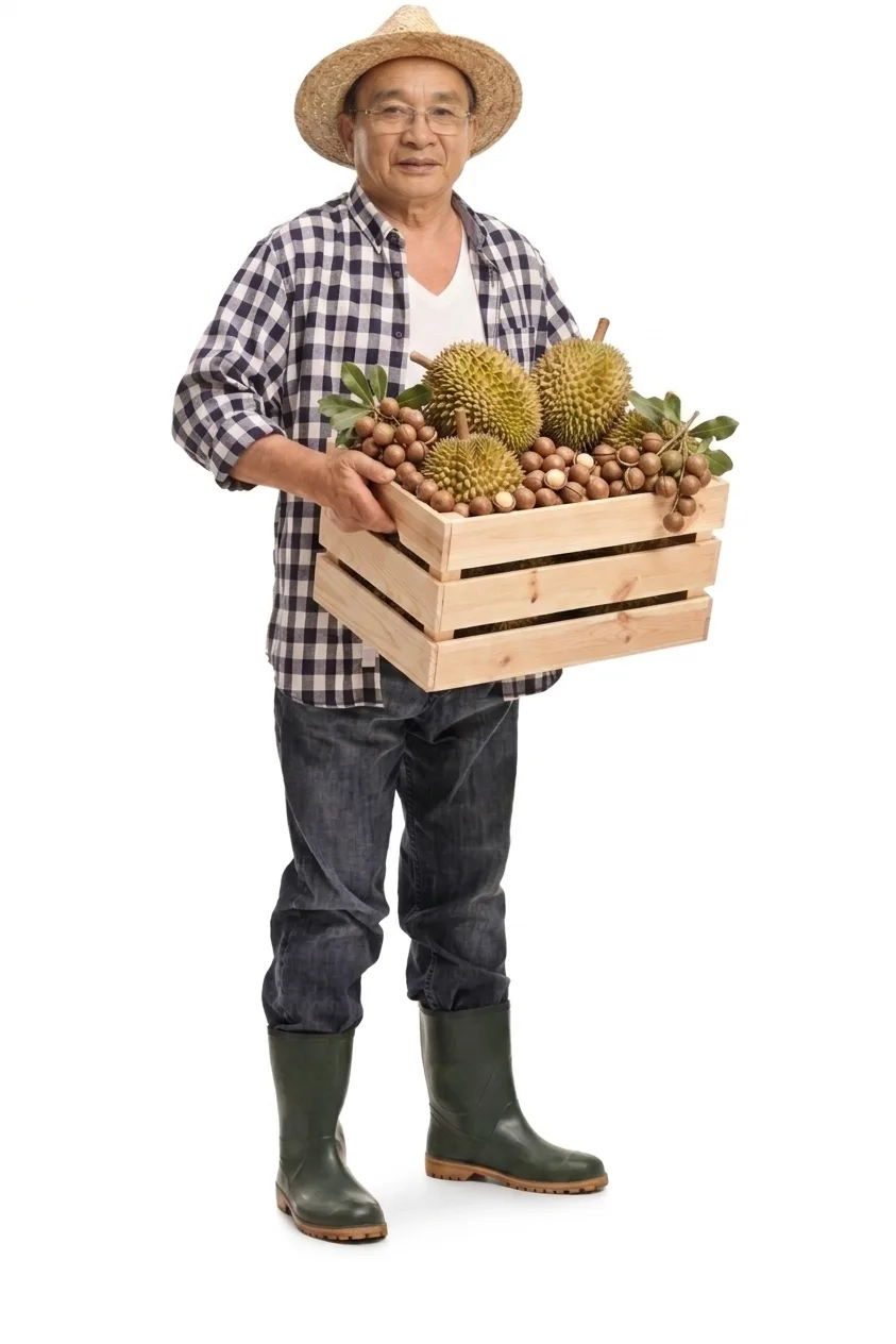 Chủ vườn ôm thùng sầu riêng và macadamia
